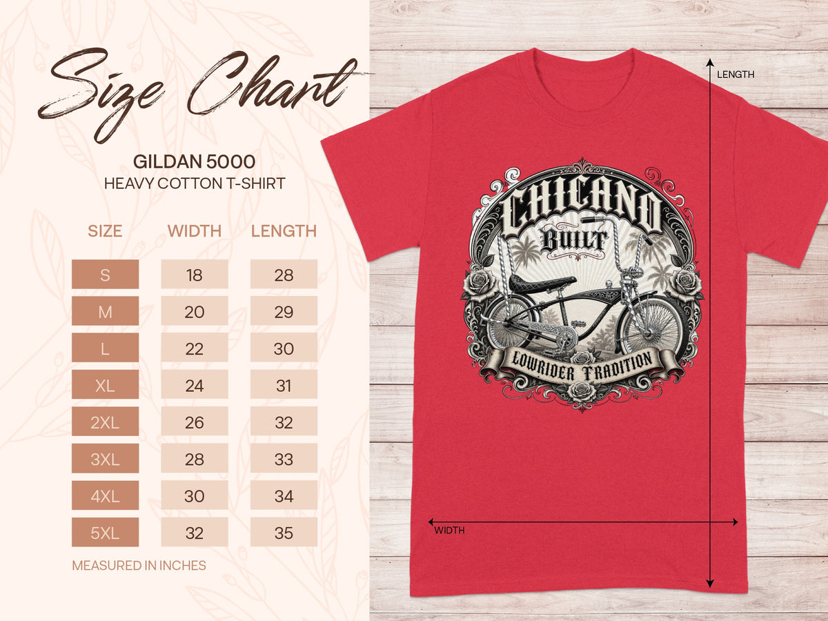 Gildan 5000 heavy cotton t-shirt size chart and graphic of a lowrider bicycle.