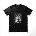 Black t-shirt with a Day of the Dead inspired skull couple kissing.