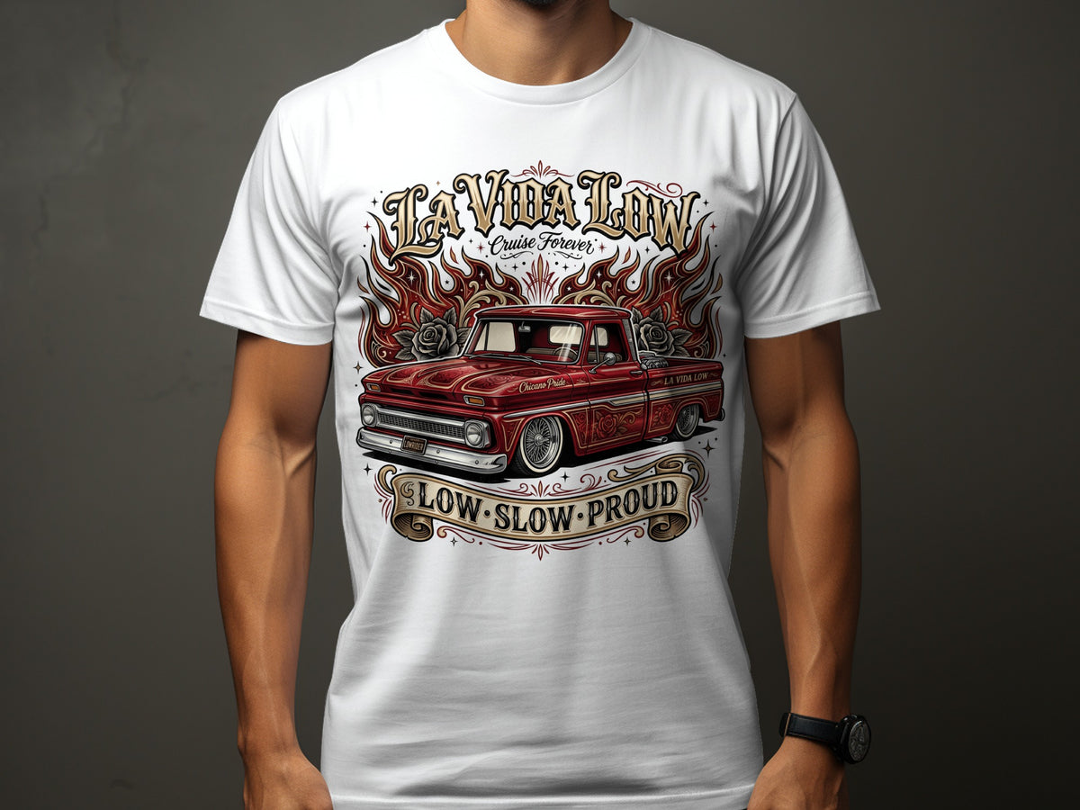 Red lowrider truck graphic with flames and "La Vida Low, Cruise Forever" text.