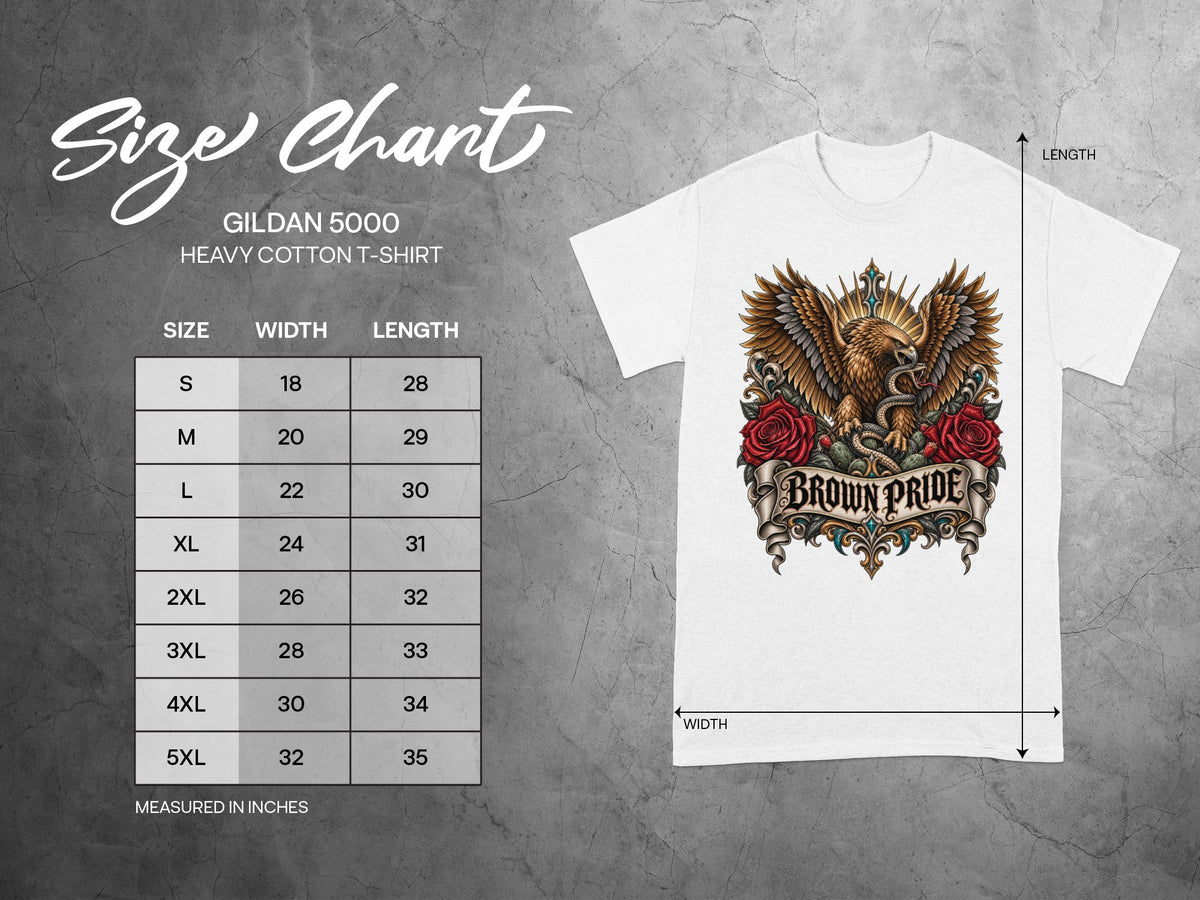 Gildan 5000 t-shirt size chart showing width and length measurements in inches.