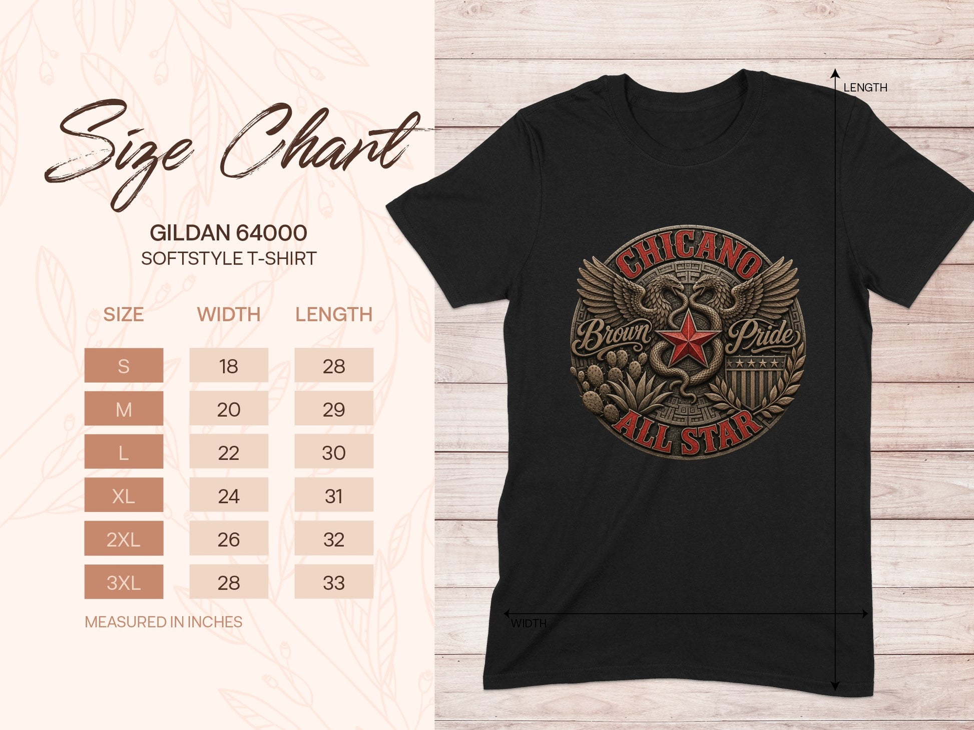 Gildan 64000 t-shirt size chart with "Chicano Brown Pride All Star" graphic.