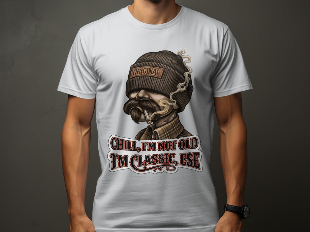 White t-shirt with graphic of man smoking, "Original" beanie, "I'm not old I'm classic, ese."
