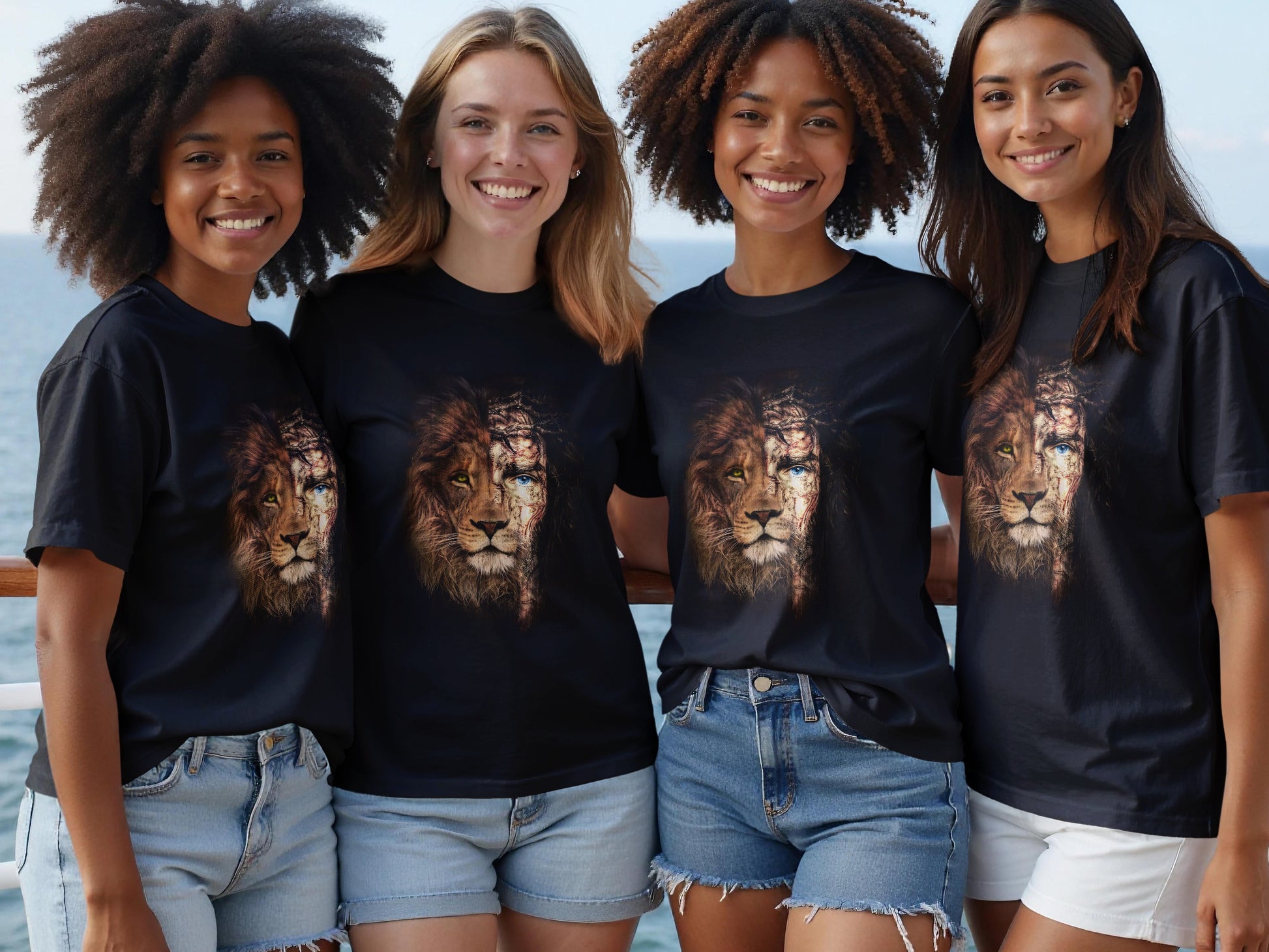 Four young women model black t-shirts with a lion's face graphic.
