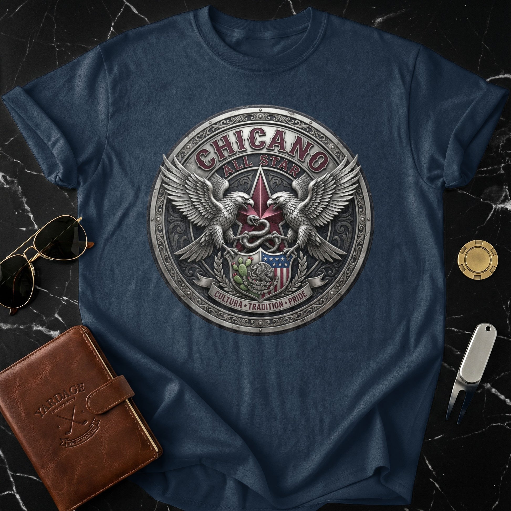 Navy t-shirt with circular "Chicano All Star" logo featuring eagles and American flag.