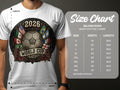 T-shirt with soccer ball, flags, and size chart for 2026 World Cup.
