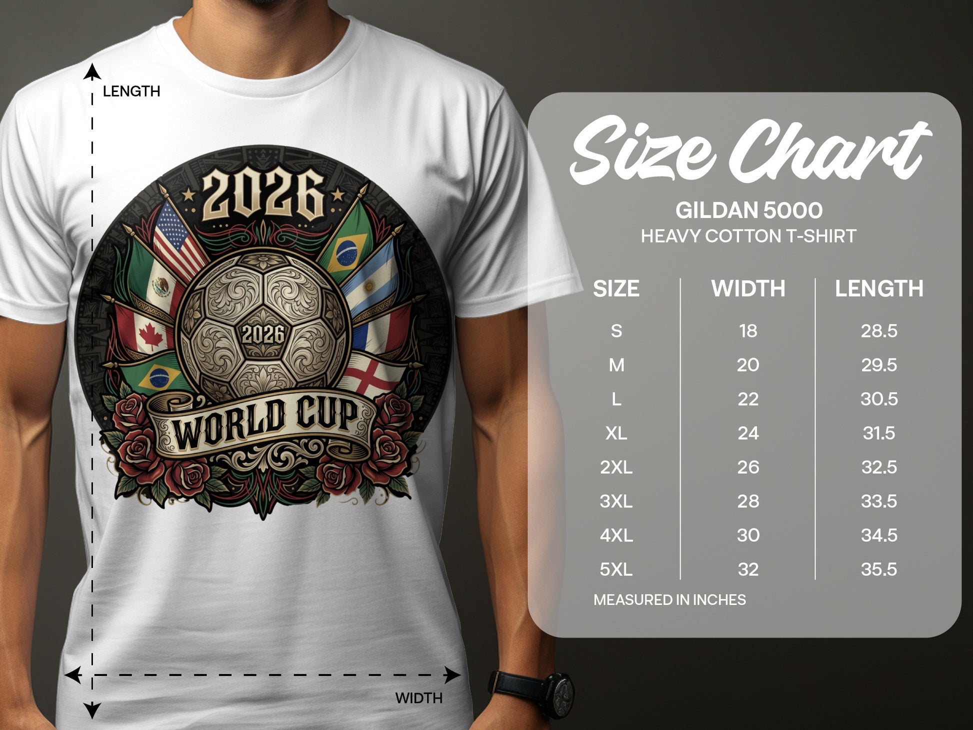 T-shirt with soccer ball, flags, and size chart for 2026 World Cup.