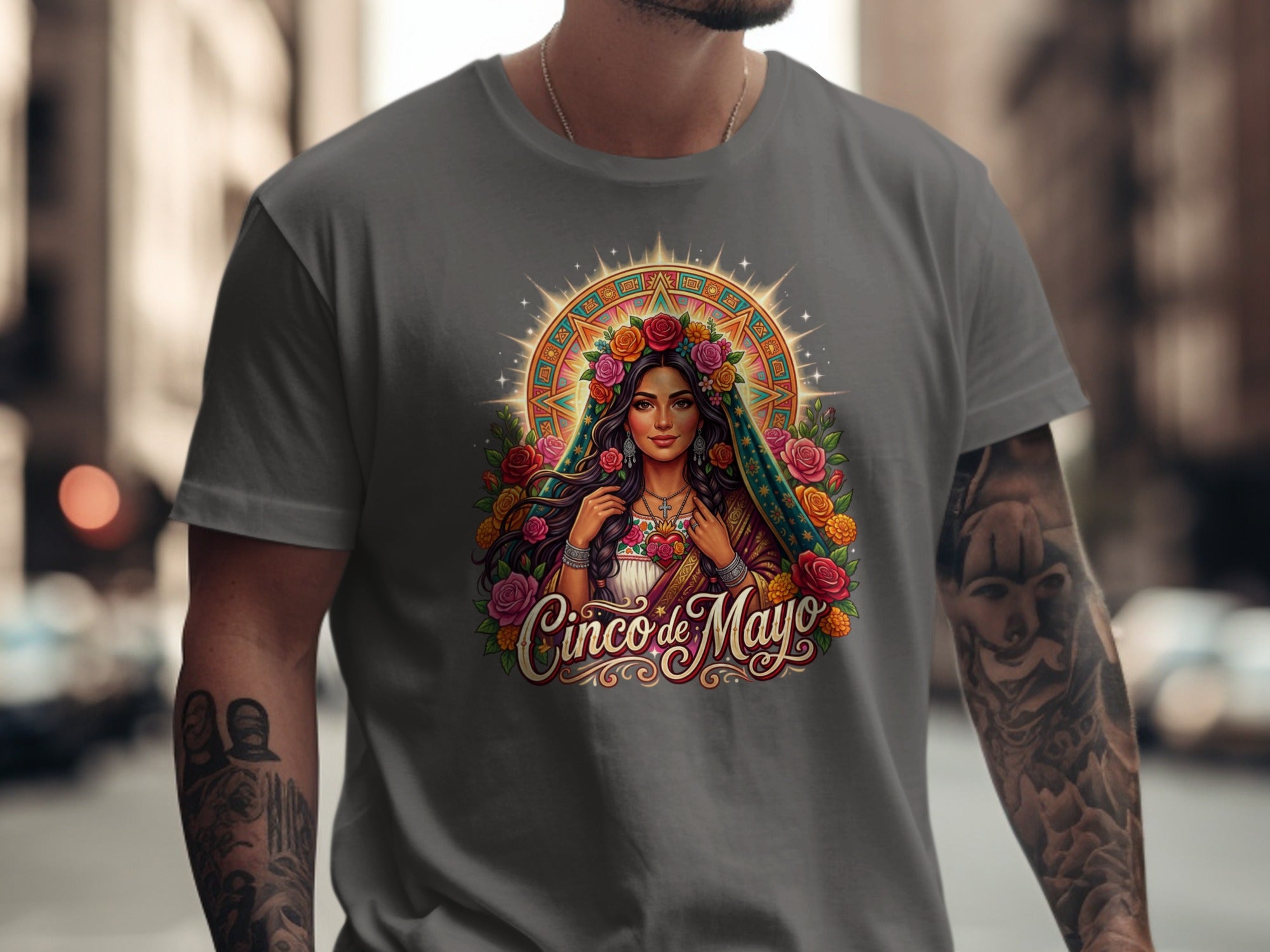 Cinco de Mayo t-shirt featuring a woman surrounded by flowers and sunburst.
