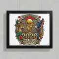 2026 World Cup logo featuring a trophy, eagle, jaguar, and national flags.