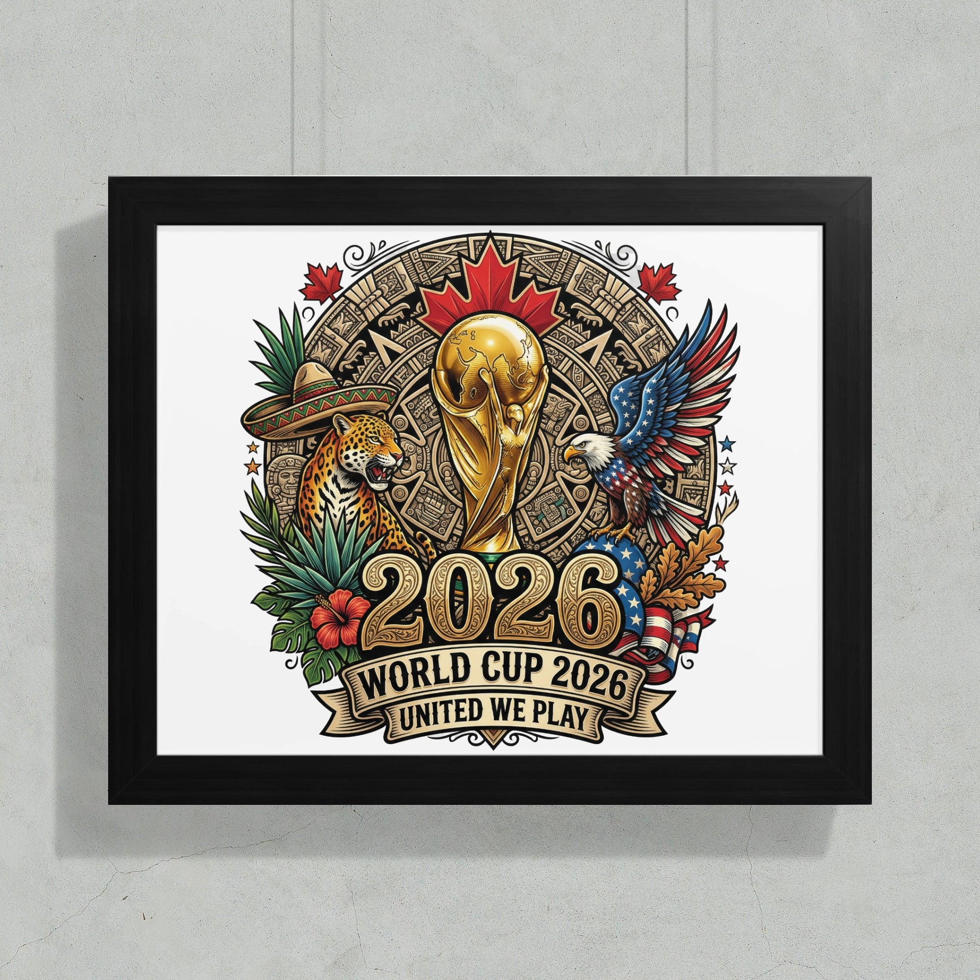 2026 World Cup logo featuring a trophy, eagle, jaguar, and national flags.