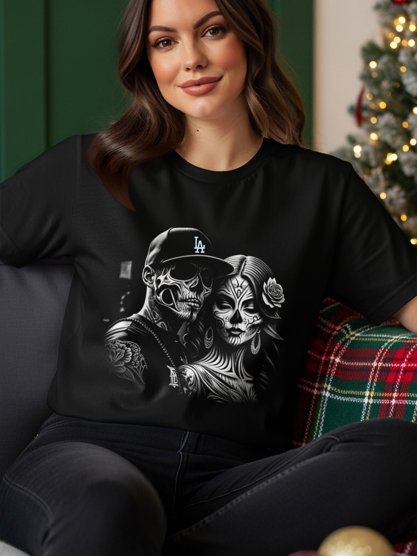 T-shirt with sugar skull couple wearing LA Dodgers cap and rose design.