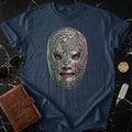 Navy t-shirt featuring a detailed silver lucha libre mask with 