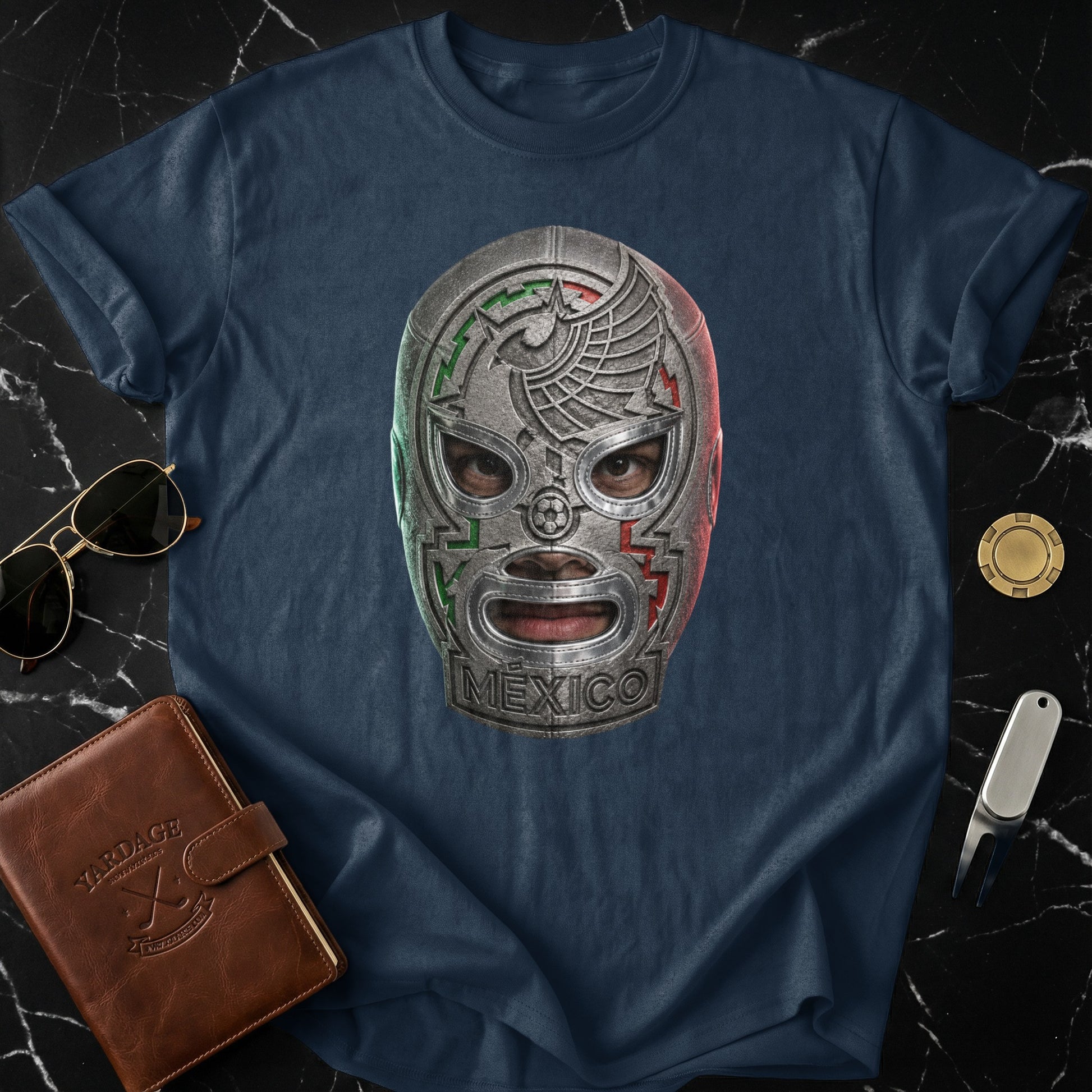 Navy t-shirt featuring a detailed silver lucha libre mask with "MEXICO" text.