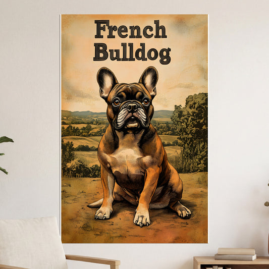 French Bulldog sitting in a field with rolling hills in the background.