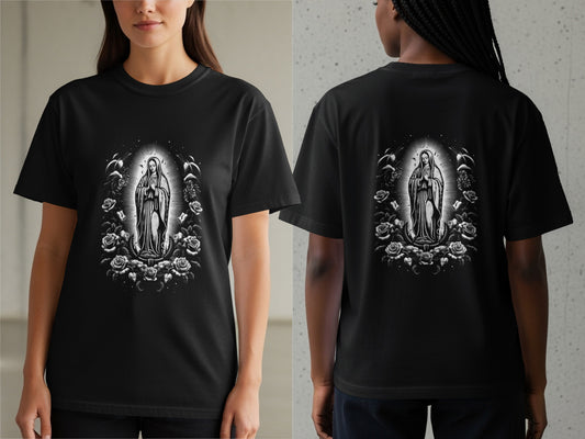 Black t-shirt with Our Lady of Guadalupe design on front and back.
