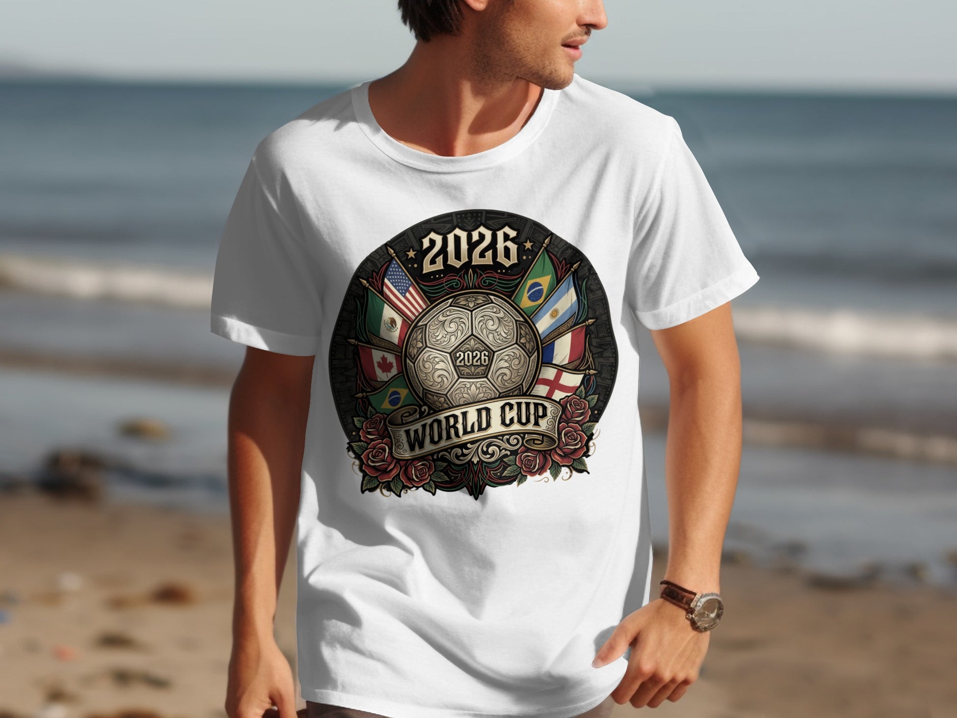 White t-shirt with 2026 World Cup emblem featuring flags and a soccer ball.