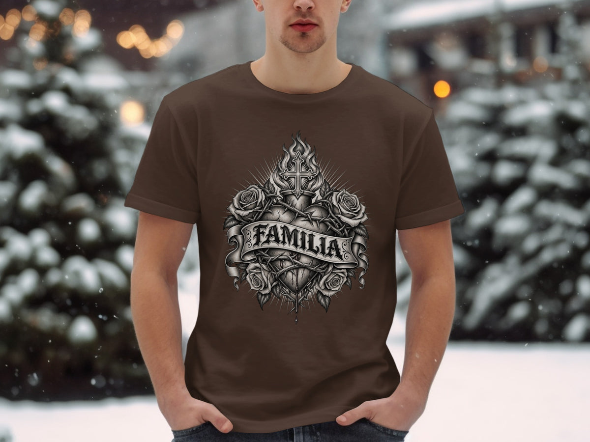 Brown t-shirt with a graphic of a heart, roses, cross, and flames with "FAMILIA" banner.