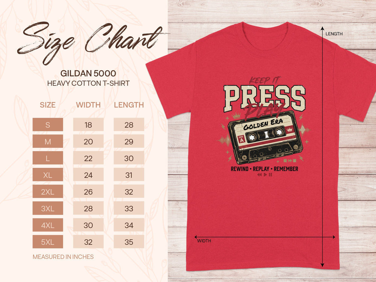 Gildan 5000 heavy cotton t-shirt size chart with "Press Play Golden Era" graphic.