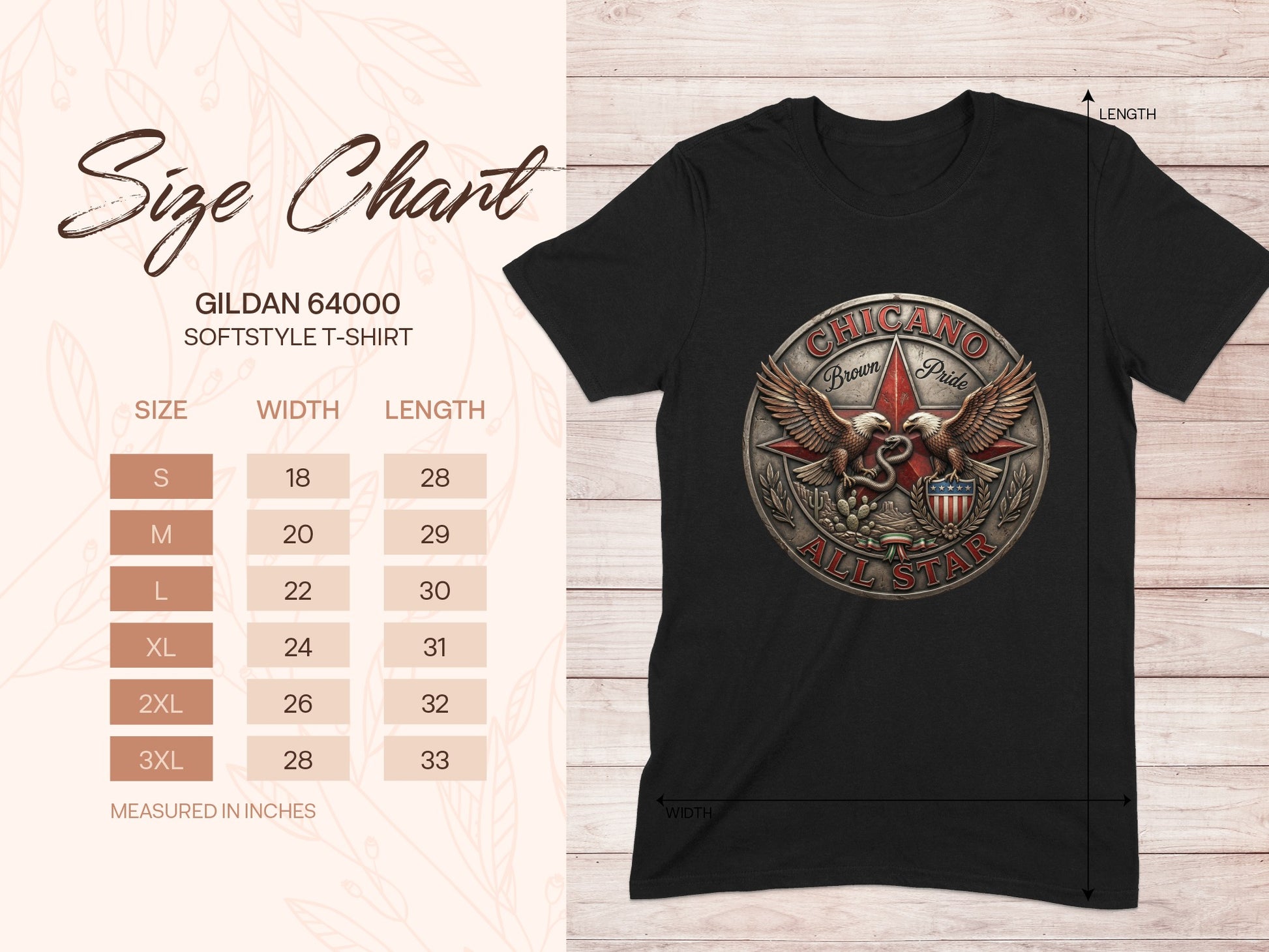 Gildan 64000 softstyle t-shirt size chart with measurements.