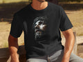 Black t-shirt with portrait of Jesus wearing a crown of thorns.