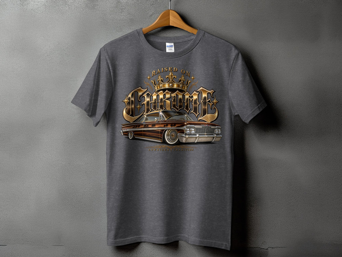 T-shirt with "Raised on Chrome" text and a lowrider car graphic.