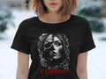 Black t-shirt with a detailed skull and flower design and the word 