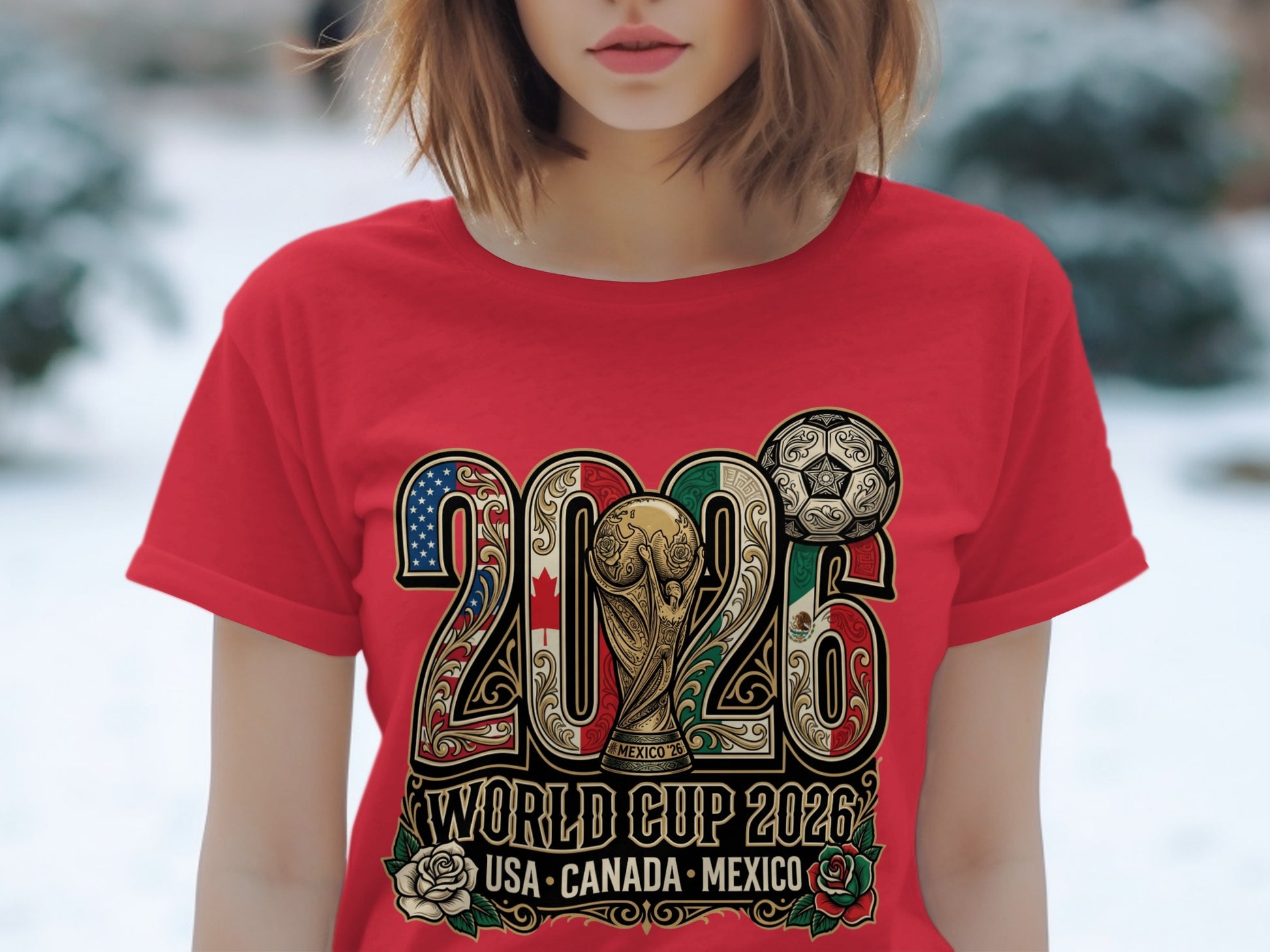 Red t-shirt with "2026 World Cup" text and trophy graphic.