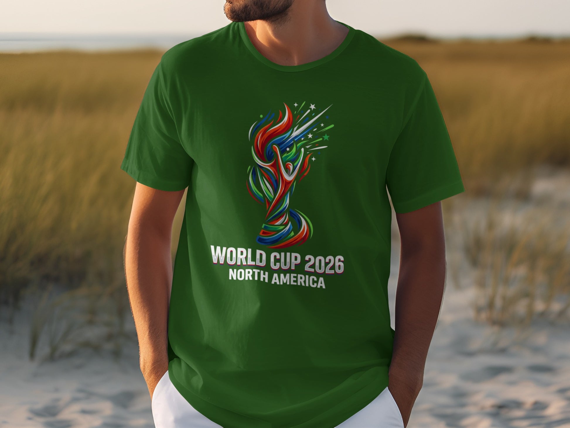 Green t-shirt with World Cup 2026 North America graphic.