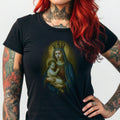 Black t-shirt with graphic of the Virgin Mary holding the Christ child.