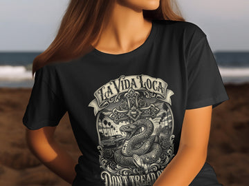 Black t-shirt with "La Vida Loca" text, snake, cross, and car design.