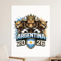 Argentina 2026 logo featuring a bull and lions with a shield and soccer balls.