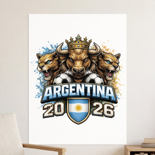 Argentina 2026 logo featuring a bull and lions with a shield and soccer balls.