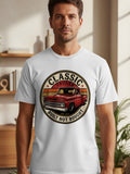 White t-shirt with a graphic of a red classic truck, 
