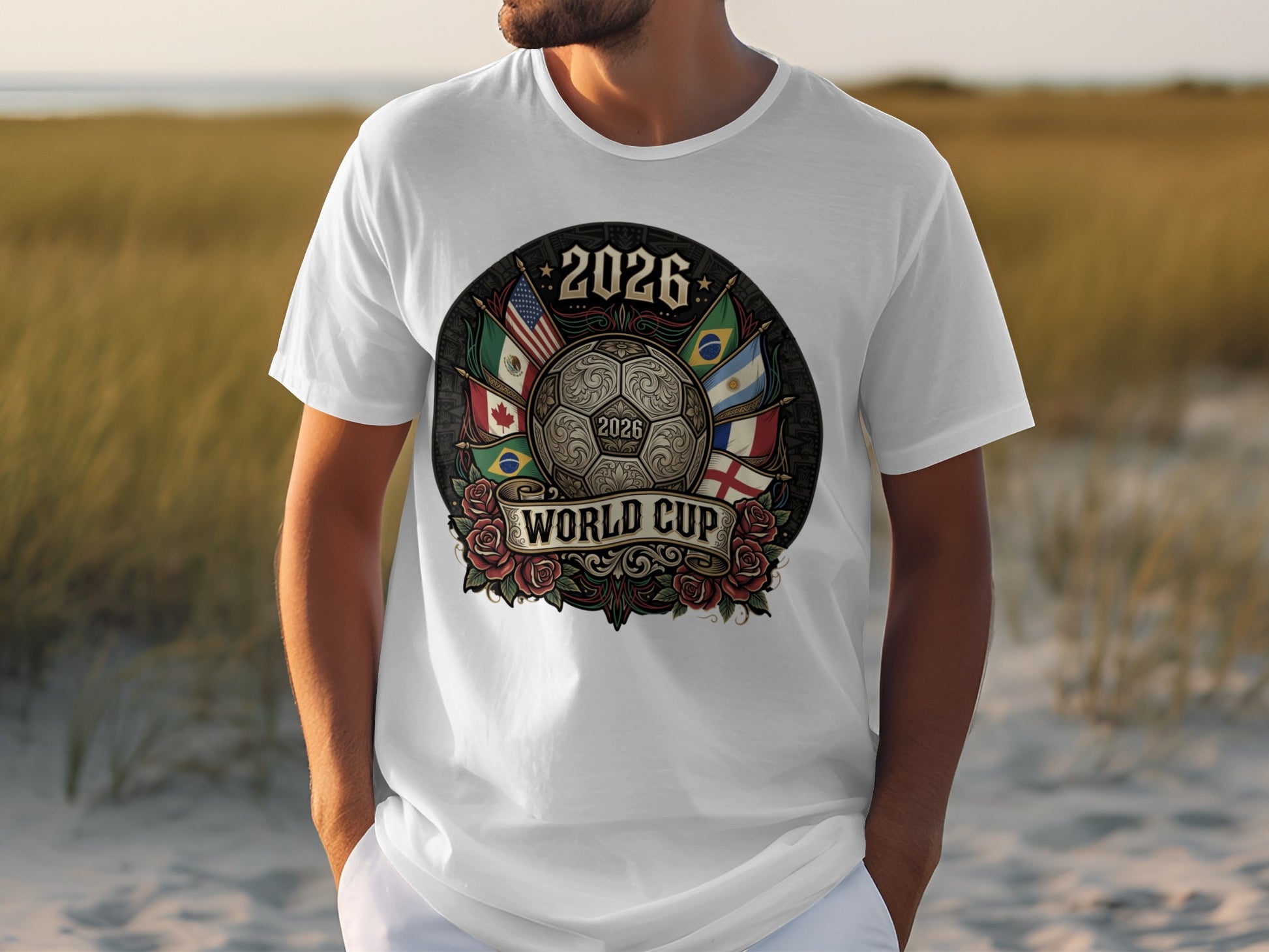 White t-shirt with World Cup 2026 emblem featuring flags and a soccer ball.