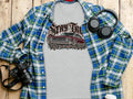 Grey t-shirt with a red vintage car graphic and 