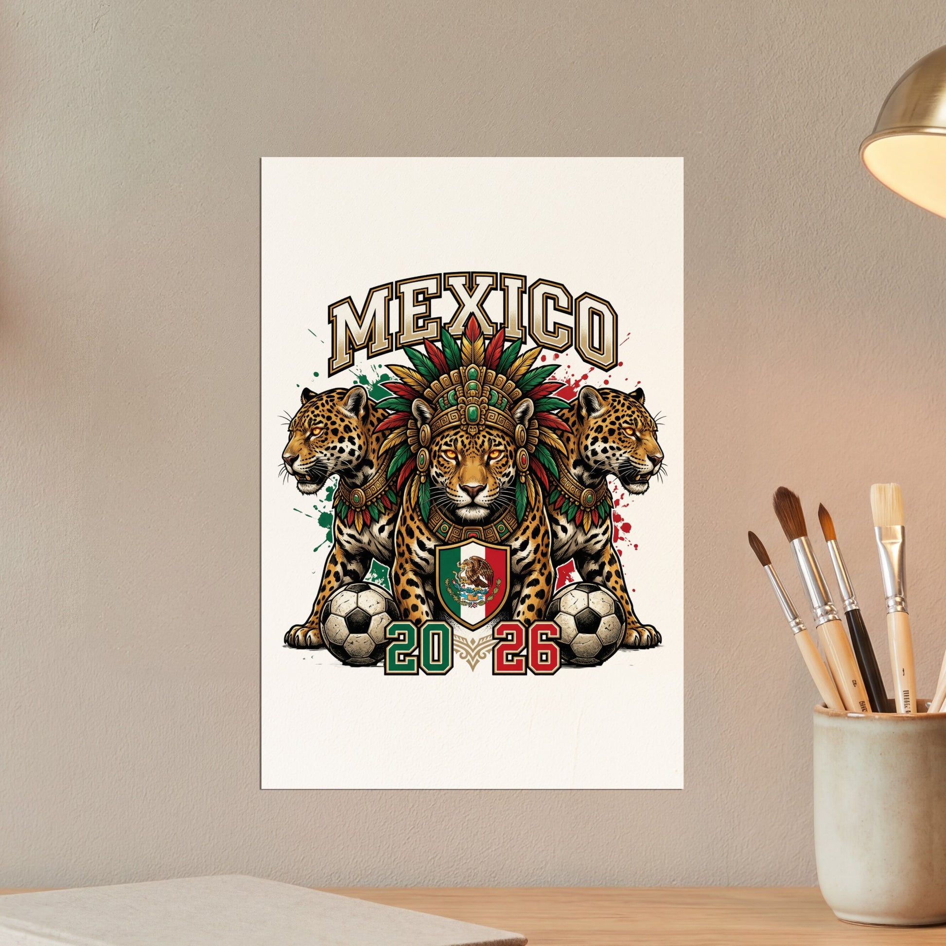 Jaguar heads with Mexican flag soccer balls and "Mexico 2026" text.