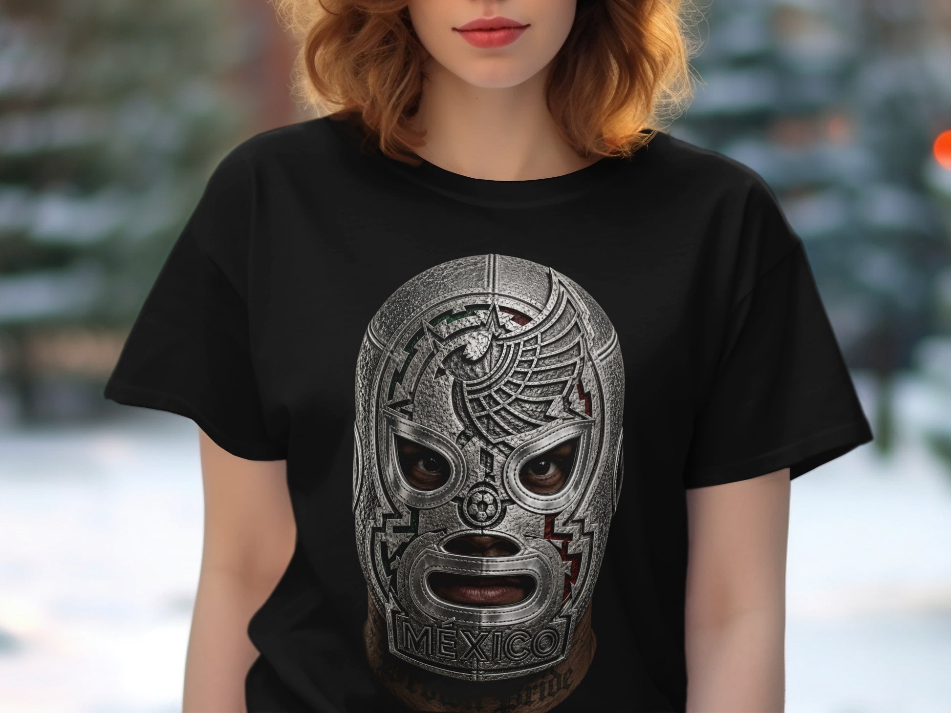 Black t-shirt with a metallic luchador mask design and "Mexico" text.