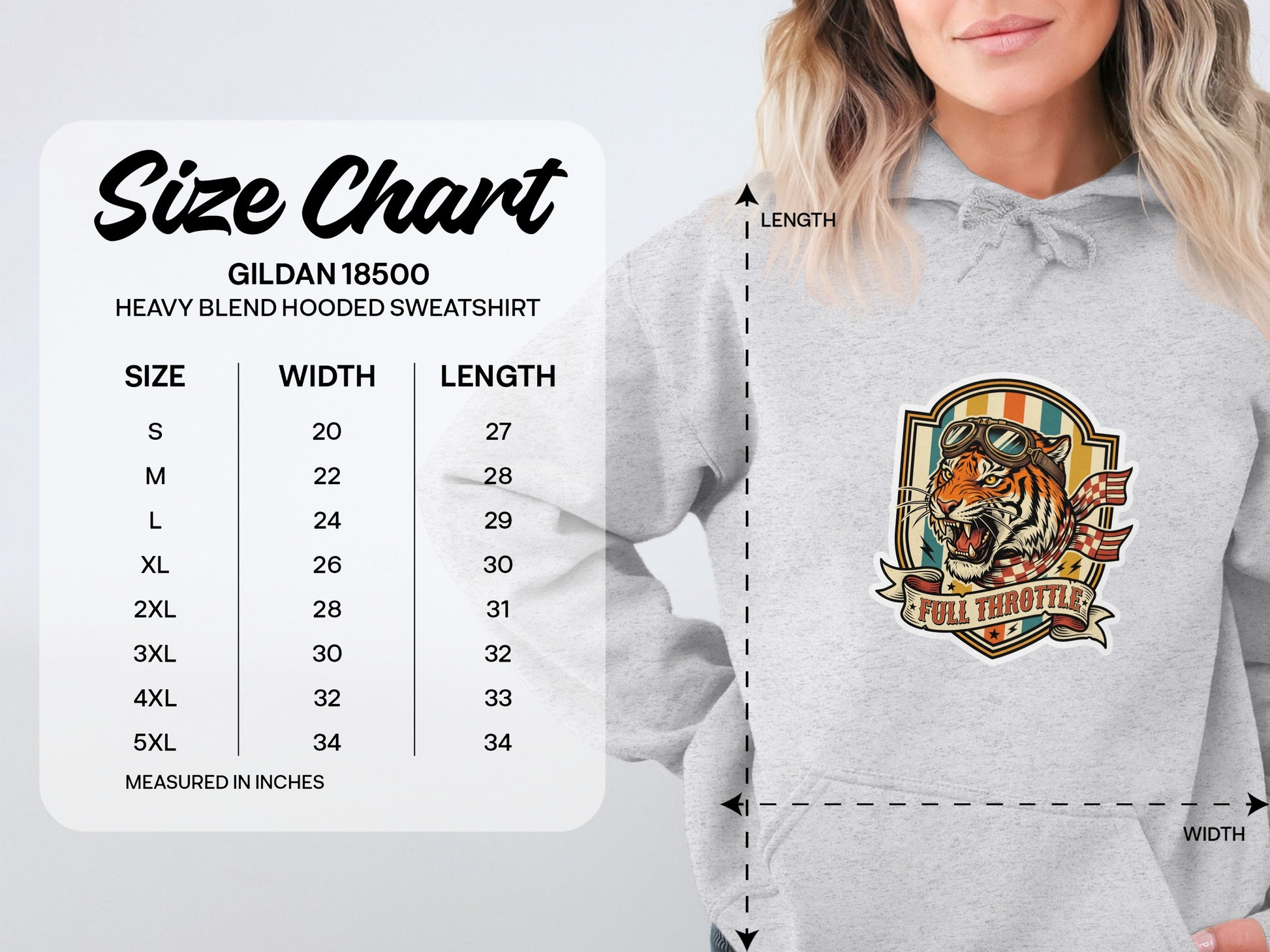 Gildan 18500 size chart for hooded sweatshirts with "Full Throttle" graphic.