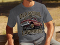 T-shirt graphic with a maroon lowrider truck and text 