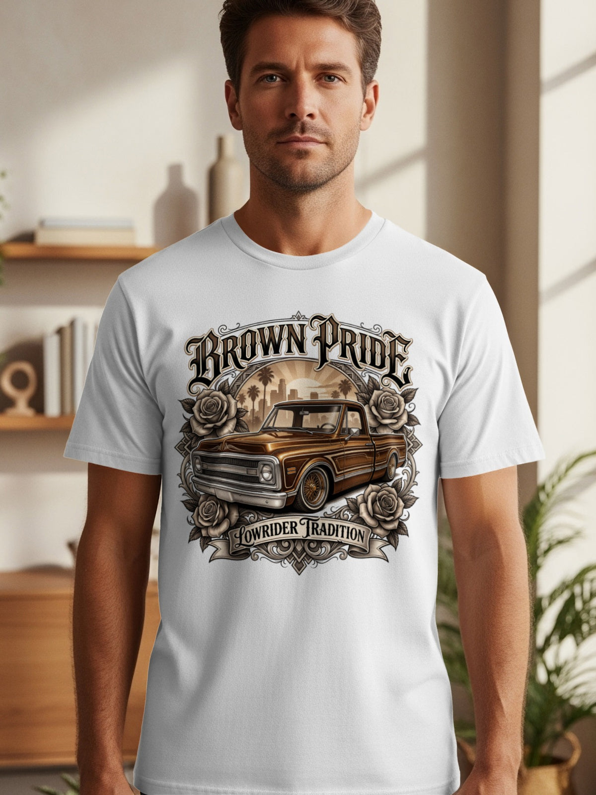 White t-shirt featuring "Brown Pride Lowrider Tradition" text with a vintage truck and roses graphic.