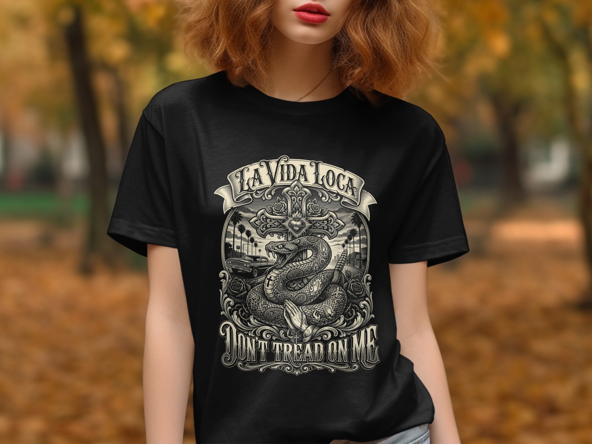 Black t-shirt with "La Vida Loca" and snake design, "Don't Tread On Me".