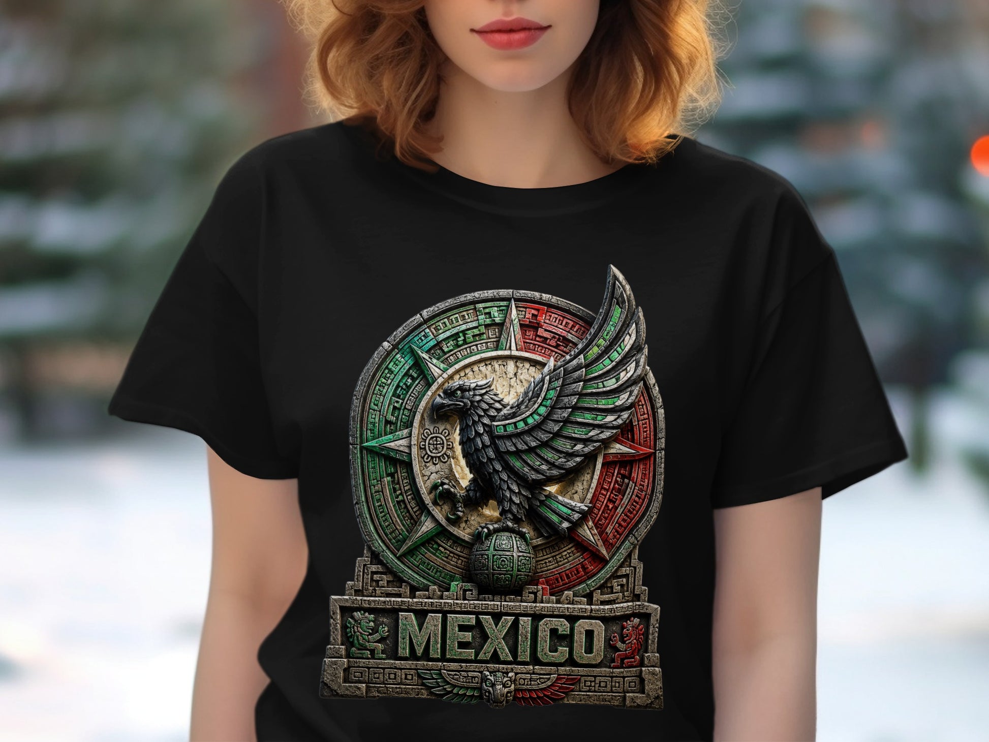 Black t-shirt featuring a circular Mexican eagle emblem with "MEXICO" text below.