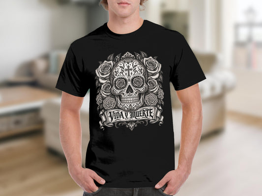 Black t-shirt with a sugar skull, roses, and the text "VIDA Y MUERTE"