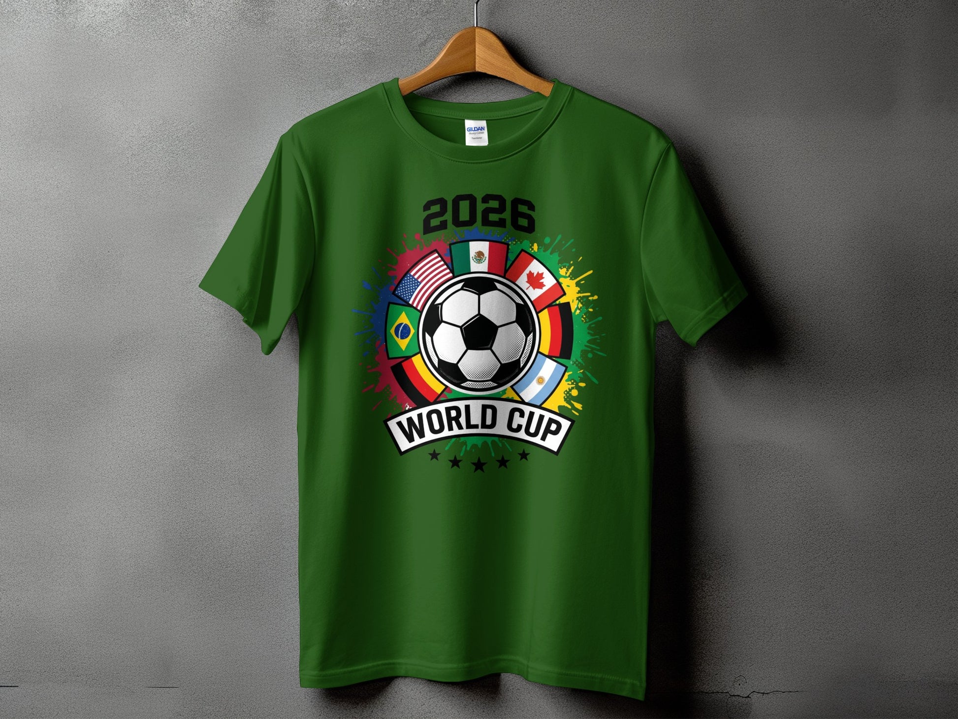 Green t-shirt with 2026 World Cup logo featuring flags and soccer ball.