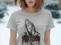Gray t-shirt with praying hands, rosary, roses, crucifix, and 