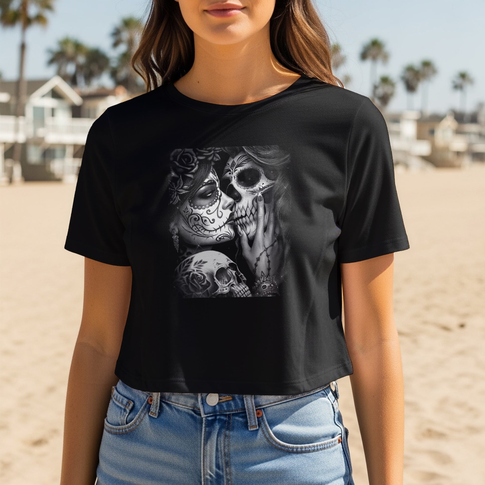 Black t-shirt with sugar skull couple and skull graphic.