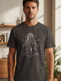 Dark gray t-shirt with Virgin Mary and roses graphic.