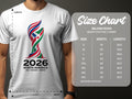 Gildan 5000 t-shirt size chart with 2026 North America graphic.