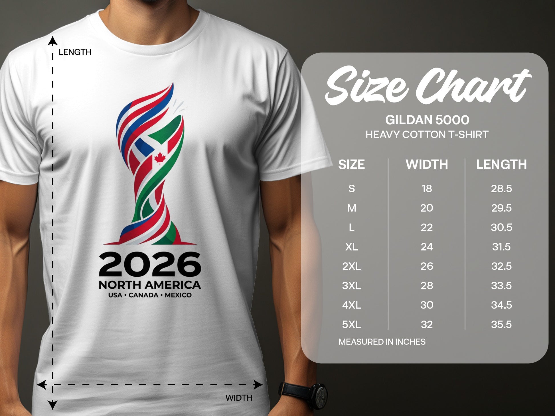 Gildan 5000 t-shirt size chart with 2026 North America graphic.