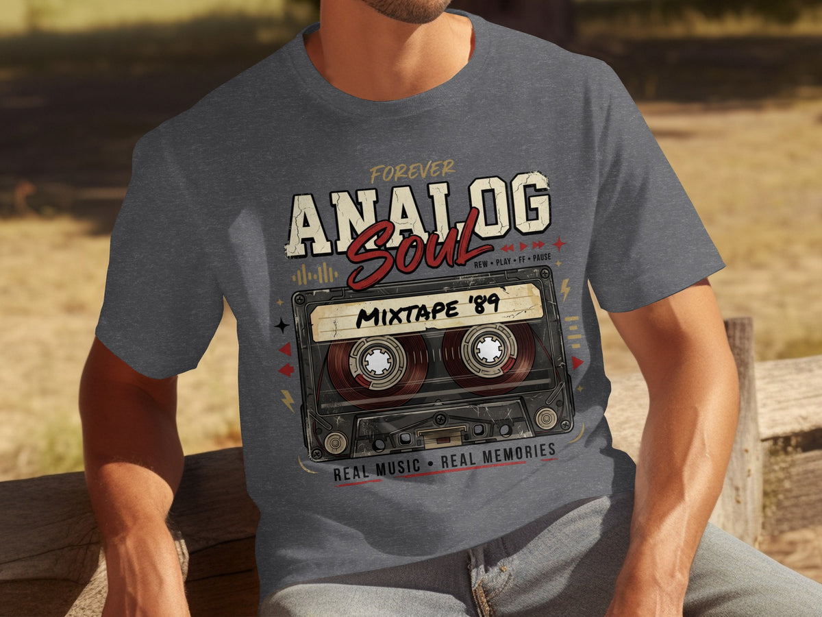 Dark gray t-shirt with "Forever Analog Soul Mixtape '89" and cassette tape graphic.