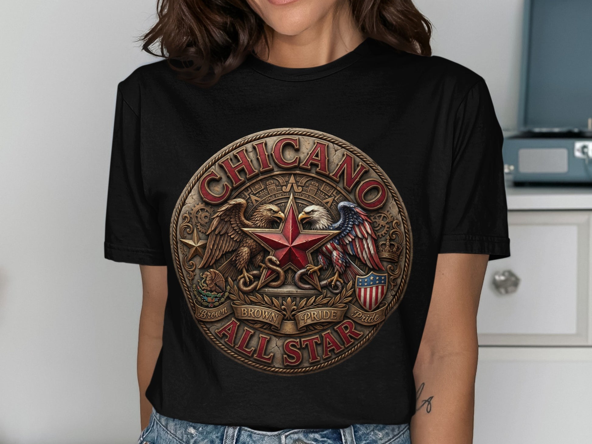 Circular emblem with eagle, star, and "Chicano Brown Pride All Star" text.